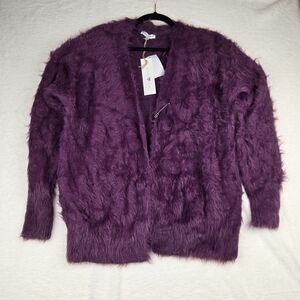NWT Woven Heart Eggplant Eyelash Open Front Cardigan With Pockets Size L